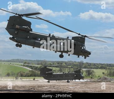 Zwei CH47 Chinook-Hubschrauber, die von der RAF betrieben werden und aus Salisbury Plain, Wiltshire, England, fliegen Stockfoto