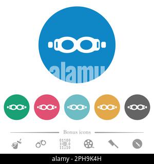 Schwimmbrille flache weiße Symbole auf rundem farbigem Hintergrund. 6 Bonussymbole enthalten. Stock Vektor