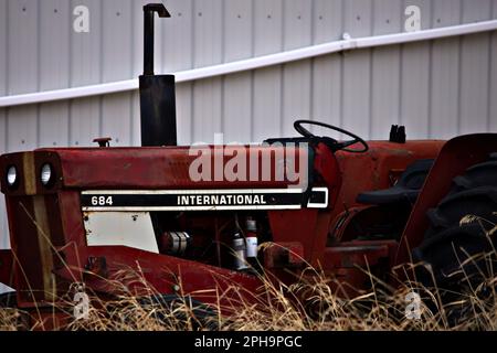 Ein alter rostbedeckter roter Traktor, der sich in einem Zustand der Reparatur befindet, steht auf einem Feld mit hohem Unkraut Stockfoto