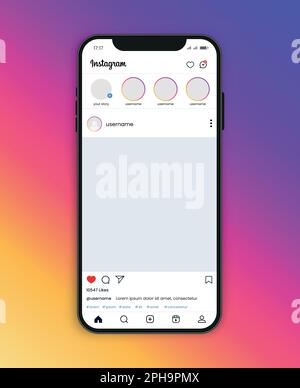 Instagram-Startseite mit Smartphone, Vektormodell Stock Vektor