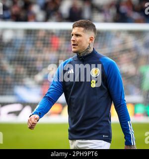 Lyndon Dykes, in einem Training in Hampden, Glasgow, zur Vorbereitung des Spiels gegen Zypern. Stockfoto