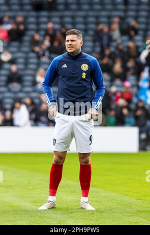 Lyndon Dykes, in einem Training in Hampden, Glasgow, zur Vorbereitung des Spiels gegen Zypern. Stockfoto