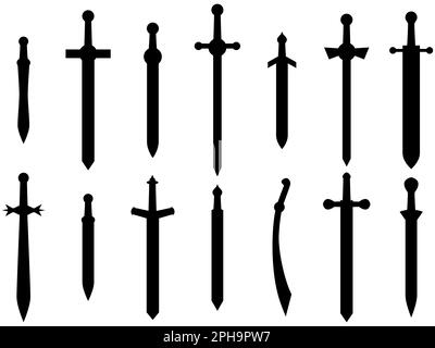 Schwarze Schwerter isoliert auf weißem Hintergrund. Schwerter-Silhouetten. Waffen des Römischen Reiches, Gladius. Design von Schwertern für Poster, Banner und Profis Stock Vektor