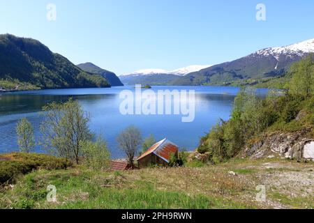 Sorfjorden, (Sørfjorden) ein 38 km langer Seitenfjord zum Hardangerfjord in Norwegen Stockfoto