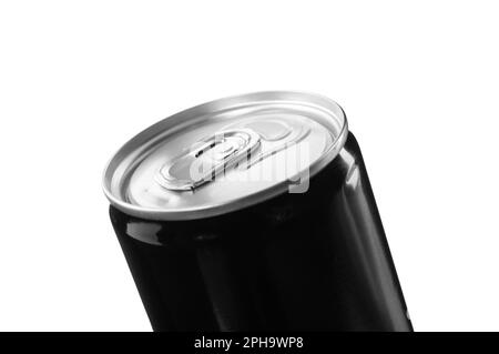 Schwarze Dose Energie trinken isoliert auf weiß, Nahaufnahme Stockfoto