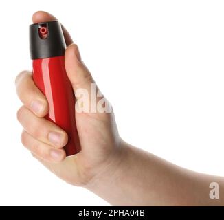 Ein Mann mit Pfefferspray auf weißem Hintergrund, Nahaufnahme Stockfoto