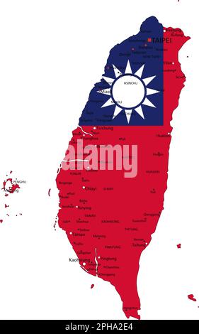 Taiwan sehr detaillierte politische Karte mit isolierter Nationalflagge auf weißem Hintergrund. Stock Vektor