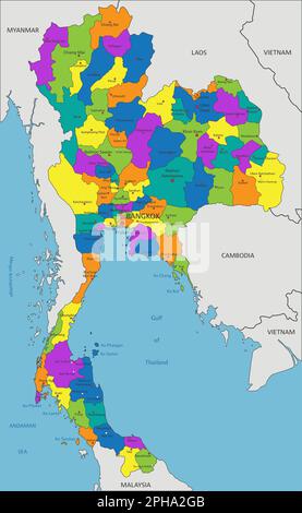 Farbenfrohe politische Karte Thailands mit klar gekennzeichneten, getrennten Schichten. Vektordarstellung. Stock Vektor