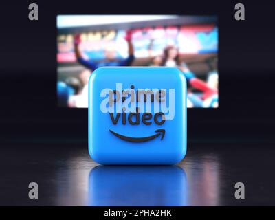 Valencia, Spanien – März 2023: Logo der Amazon Prime Video-App vor einem Fernsehbildschirm, Symbol in 3D-Abbildung. Amazon Prime Video ist ein globaler Anbieter o Stockfoto