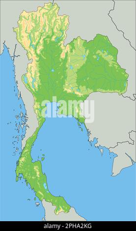 Sehr detaillierte physische Karte Thailands. Stock Vektor