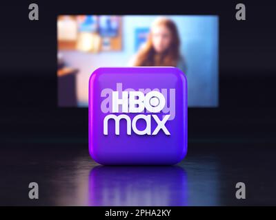 Valencia, Spanien - März 2023: HBO Max App-Logo vor einem Fernsehbildschirm, Symbol in 3D-Abbildung. HBO Max ist ein globaler Anbieter von Streaming-Filmen und Stockfoto