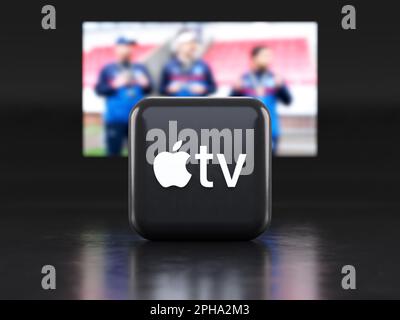 Valencia, Spanien - März 2023: Apple TV App-Logo vor einem Fernsehbildschirm, Symbol in 3D-Abbildung. Apple TV ist ein globaler Anbieter von Streaming-Filmen Stockfoto