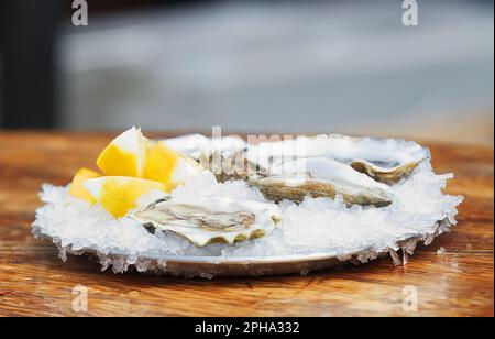 Portion frischer Muscheln mit Zitronenstücken auf einem Tablett mit Eischips, die auf dem Marktplatz ausgestellt werden Stockfoto