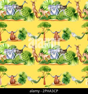 Nahtloses Muster von Cartoon-Tieren, auf Gelb isolierte Aquarelle. Süßer Koala, emu, Känguru, Bullon-Sommerruhe, handgezeichnet. Entwurfselement für Druck, Stockfoto