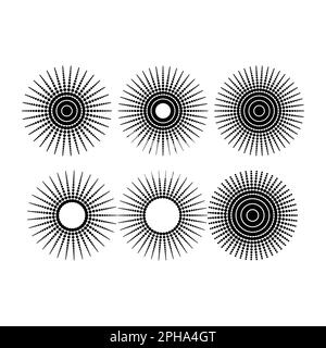 Ein Set aus Symbolen für Sonnenaufgang und Sternenaufdruck. Radiale Strahlungslinien. Vektordarstellung Stock Vektor