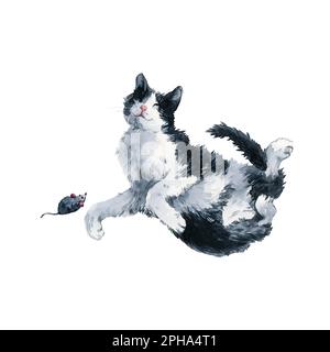 Zweifarbige schwarz-weiße Katze, die mit der Spielzeugmaus spielt. Beschneidungspfad für Aquarellmalerei isoliert auf weißem Hintergrund. Grafik für Stoff, T-Shirt, Postfach Stockfoto