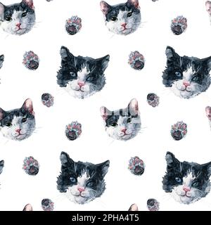 Zweifarbige schwarz-weiße Katzengesichter und -Pfoten nahtloses Muster. Aquarellmalerei auf weißem Hintergrund. Grafik für Stoff, Geschenkpapier Stockfoto