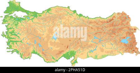 Detaillierte physikalische Karte der Türkei. Stock Vektor