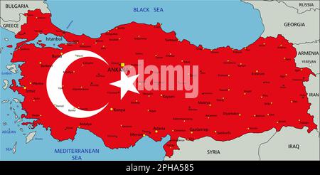 Die Türkei hat eine sehr detaillierte politische Karte mit nationaler Flagge. Stock Vektor