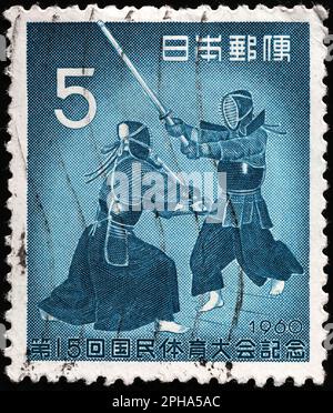 Japanische Kampfkunst auf Briefmarken Stockfoto