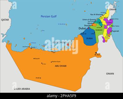 Farbenfrohe politische Karte der Vereinigten Arabischen Emirate mit klar gekennzeichneten, getrennten Schichten. Vektordarstellung. Stock Vektor