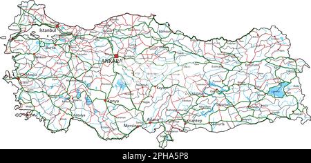 Detaillierte Roadmap für die Türkei mit Kennzeichnung. Stock Vektor