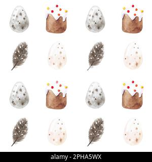 „Happy Easter“-Grußkarte mit nahtlosem Muster und dekorierten bemalten Ostereiern. Illustration flaches Design für Einladungen, Drucke, Geschenkpapier Stockfoto