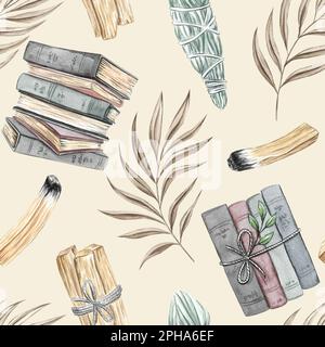 Gemütliches Aquarellmuster mit Büchern, palo santo, Salbei, trockene Äste. Perfekt für Tapeten, Druck, Cover-Design, Einladungen, Verpackungsdesign Stockfoto