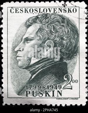 Porträt von Puskin auf der alten tschechischen Briefmarke Stockfoto