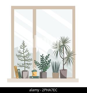 Zimmerpflanzen und Bücher auf der Fensterbank. Zimmerpflanzen am Fenster, gemütliches Zuhause oder Büro-Design. Vektor-isolierte Darstellung in einer Linie Stock Vektor