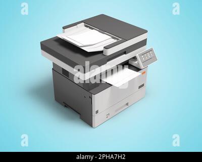 3D Abbildung: Universeller Druckerscanner mit Display zur Auswahl von Programmen, isoliert auf blauem Hintergrund mit Schatten Stockfoto