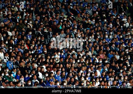 Tokio, Deutschland. 24. März 2023. KEIN VERKAUF IN JAPAN! Blick auf die Zuschauertribüne, Spielfilm, symbolisches Foto, Randmotiv, Publikum, Nationales Fußballspiel, Football KIRIN Challenge Cup 2023 Japan - Uruguay JPN -URY 1: 1, Tokyo National Stadium, 24. März 2023, in Tokio/Japan? Kredit: dpa/Alamy Live News Stockfoto