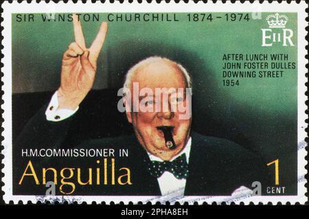 Wiston Churchill feiert den Sieg bei der Briefmarke Stockfoto