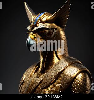 Regal Horus - eine majestätische Darstellung des alten ägyptischen Falken-Gottes in goldener Rüstung Stockfoto