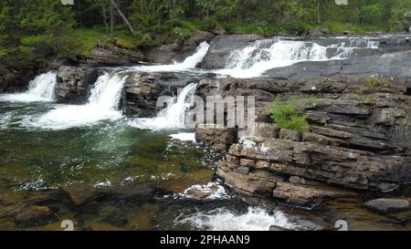 Ein ruhiger Bach, der sich über eine schroffe Landschaft mit moosbedeckten Felsen und üppigem Laub erstreckt Stockfoto