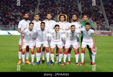 Rades, Tunis, Tunesien. 24. März 2023. Team von Tunesien während des Spiels Tunesien gegen Libyen am Freitag, den 24. März 2023, im Namen der Qualifikation des African Cup of Nations 2023 im Rades-Stadion. (Kreditbild: © Chohei Mahjoub/ZUMA Press Wire) NUR REDAKTIONELLE VERWENDUNG! Nicht für den kommerziellen GEBRAUCH! Stockfoto