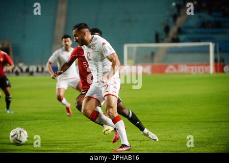 Rades, Tunis, Tunesien. 24. März 2023. Aly Maaloul(12) of tun während des Spiels Tunesien gegen Libyen am Freitag, den 24. März 2023 im Namen der Qualifikation des African Cup of Nations 2023 im Stadion Rades. (Kreditbild: © Chohei Mahjoub/ZUMA Press Wire) NUR REDAKTIONELLE VERWENDUNG! Nicht für den kommerziellen GEBRAUCH! Stockfoto