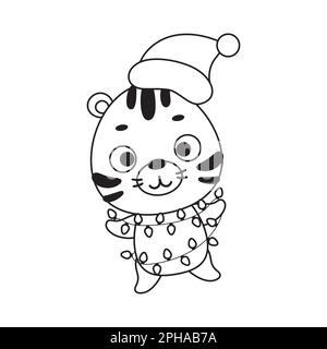 Malseite niedlicher Weihnachtstiger mit Girlande. Malbuch für Kinder. Pädagogische Aktivität für Kinder im Vorschulalter und Kleinkinder mit niedlichem Tier. Stock Vektor