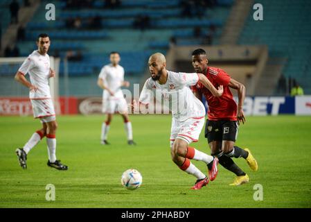 Rades, Tunis, Tunesien. 24. März 2023. Aissa Idouni (14) während des Spiels Tunesien gegen Libyen am Freitag, den 24. März 2023, im Namen der Qualifikation des African Cup of Nations 2023 im Stadion Rades. (Kreditbild: © Chohei Mahjoub/ZUMA Press Wire) NUR REDAKTIONELLE VERWENDUNG! Nicht für den kommerziellen GEBRAUCH! Stockfoto