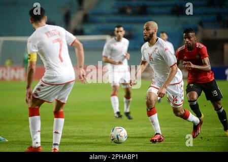 Rades, Tunis, Tunesien. 24. März 2023. Aissa Idouni (14) während des Spiels Tunesien gegen Libyen am Freitag, den 24. März 2023, im Namen der Qualifikation des African Cup of Nations 2023 im Stadion Rades. (Kreditbild: © Chohei Mahjoub/ZUMA Press Wire) NUR REDAKTIONELLE VERWENDUNG! Nicht für den kommerziellen GEBRAUCH! Stockfoto