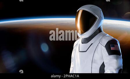 Raumfahrer im Weltraum im Hintergrund des Planeten Erde. Exploration-Thema. Elemente dieses Bildes, bereitgestellt von der NASA. Stockfoto