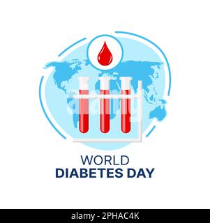 Weltdiabetestag Symbol für Vektorblutverlust in blauem Kreis, Glukose- oder Zuckerspiegel-Teströhrchen auf Weltkarte Hintergrund. Globale Sensibilisierungskampagne für d Stock Vektor