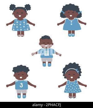 Fertig. Schwarze Kinder. Kleine Mädchen und kleine Jungen. Süße Zeichentrickfiguren. Vektordarstellung Stock Vektor