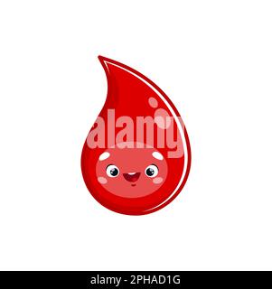 Cartoon-Blutstropfen-Figur. Vektorpersönlichkeit mit niedlichem, lächelndem Gesicht. Rotes Bluttröpfchen-Maskottchen für Spende, Spendertag, Gesundheitsversorgung, Medizintest Stock Vektor
