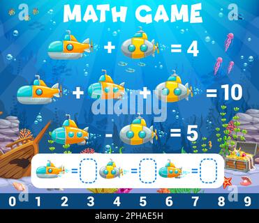 Unterwasser-Unterwasser-Zeichentrickfilme und Bathyskaphen-Vektorarbeitsblatt. Mathematikrätsel für Kindererziehung und das Erlernen von arithmetischen Gleichungen. Stock Vektor
