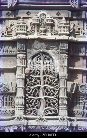 Ausgezeichnet Geschnitztes Fenster, Im Shaking Towers (Jhulta Minara), Ahmadabad, Gujrat, Indien. Stockfoto