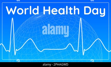 Weltgesundheitstag 7. 2023. April, um das globale Gesundheitsbewusstseinskonzept mit Herzschlag-Pulsdiagramm und Erde-Globus-Illustration zu feiern Stockfoto