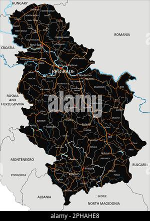 Hochdetaillierte Straßenkarte Serbiens mit Kennzeichnung. Stock Vektor