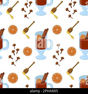 Nahtloses Glühweinmuster. Gewürze für Glühwein, Honig, Orange. Vektordarstellung auf weißem Hintergrund Stock Vektor