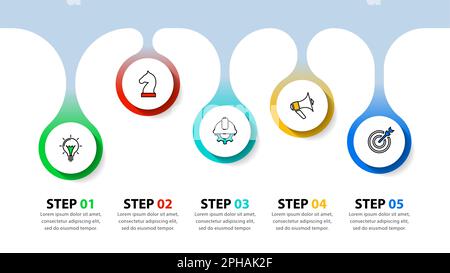 Infografik-Vorlage mit Symbolen und 5 Optionen oder Schritten. Tropfende Kreise. Kann für Workflow-Layout, Diagramm, Banner, webdesign verwendet werden. Vektor-Illustration Stock Vektor